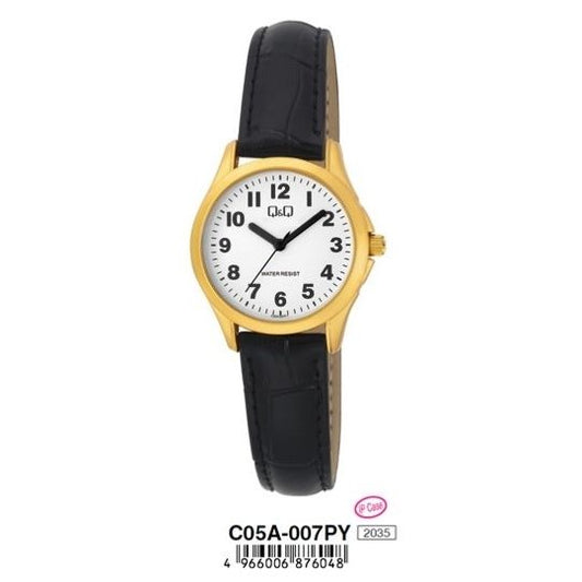 Q&Q Mod. LADY ONLY TIME wristwatch with gold metal case, white dial, black leather strap, water resistant 3 ATM, quartz movement.