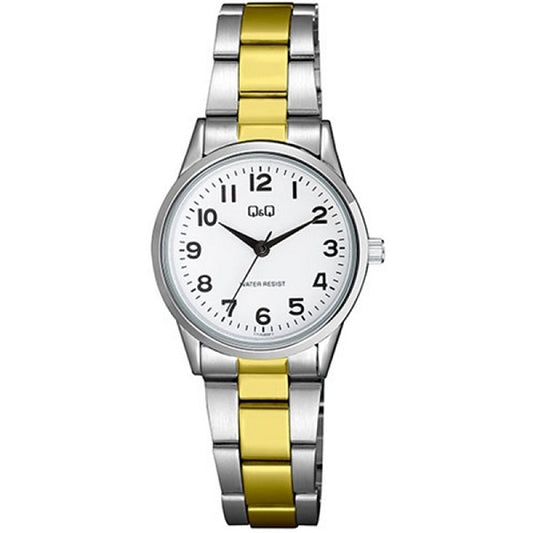 Q&Q Mod. LADY ONLY TIME wristwatch with two-tone metal strap, 30 mm case, quartz movement, and mineral dial, water resistant 3 ATM.