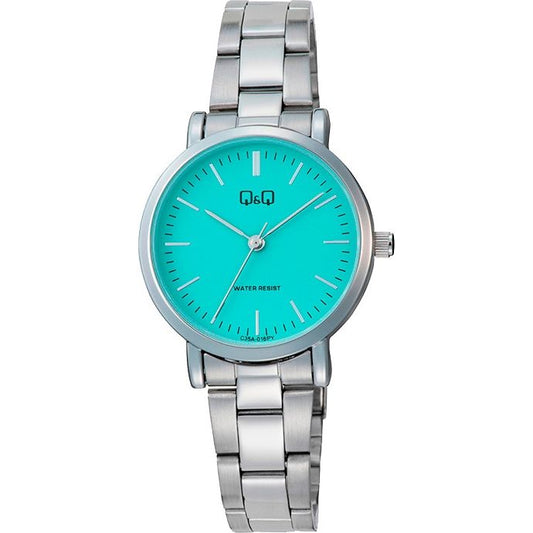 Q&Q Mod. LADY ONLY TIME wristwatch with turquoise dial, metal case and strap. Quartz movement. Water resistant to 3 ATM. Official packaging.