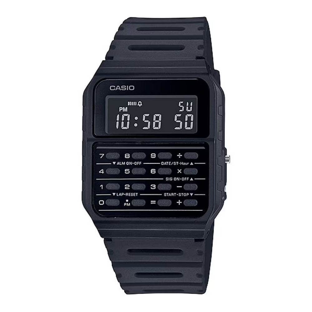 CASIO VINTAGE Mod. CALCULATOR EDGY COLLECTION - FULL BLACK unisex multifunction quartz wristwatch with resin strap and mineral dial.
