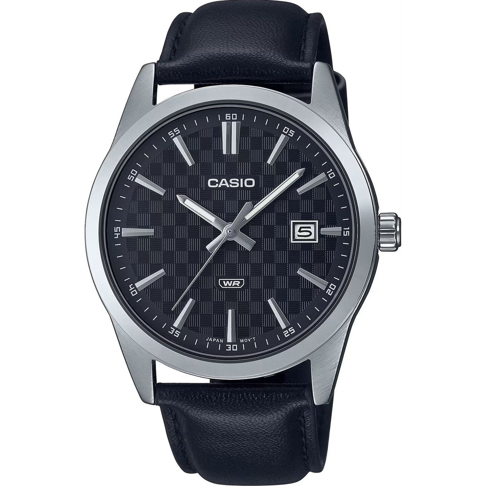 CASIO COLLECTION Mod. DATE - CARBON LOOK - SILVER & BLACK wristwatch with black leather strap and stainless steel case.
