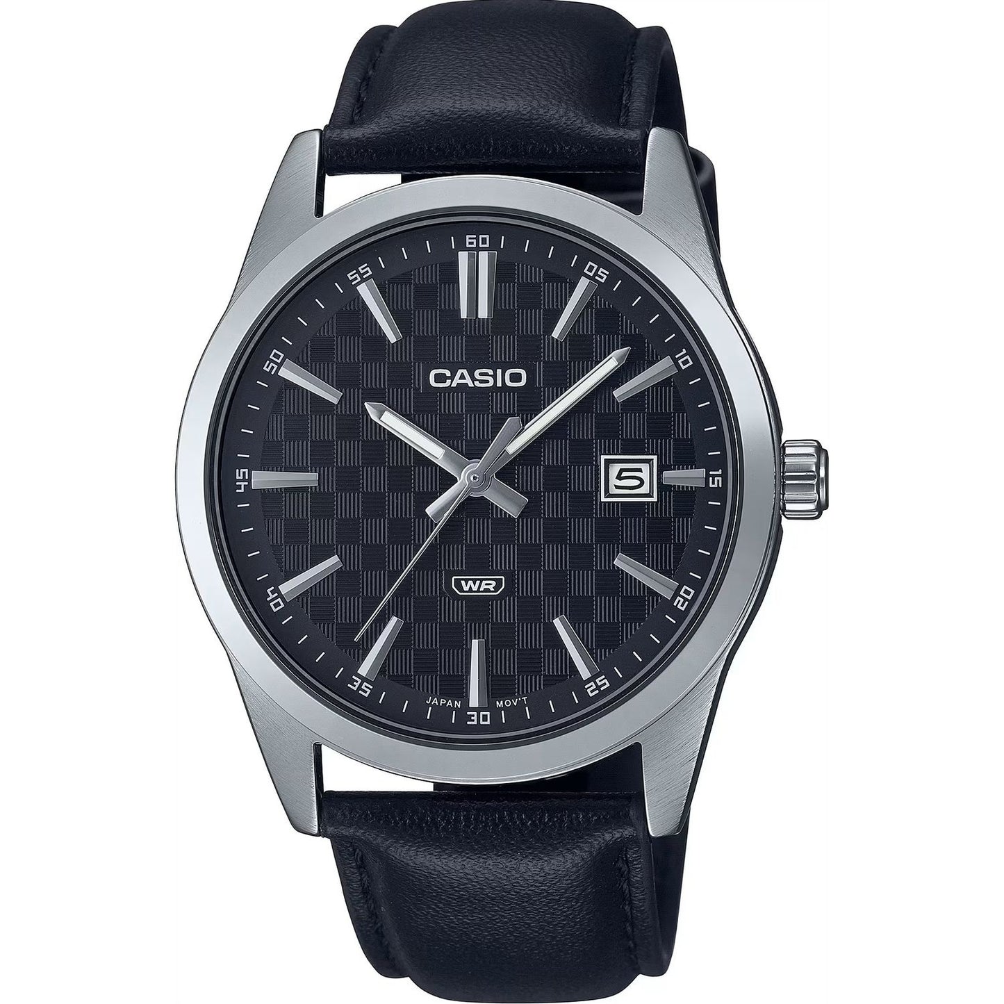 CASIO COLLECTION Mod. DATE - CARBON LOOK - SILVER & BLACK wristwatch with black leather strap and stainless steel case.