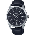 CASIO COLLECTION Mod. DATE - CARBON LOOK - SILVER & BLACK wristwatch with black leather strap and stainless steel case.