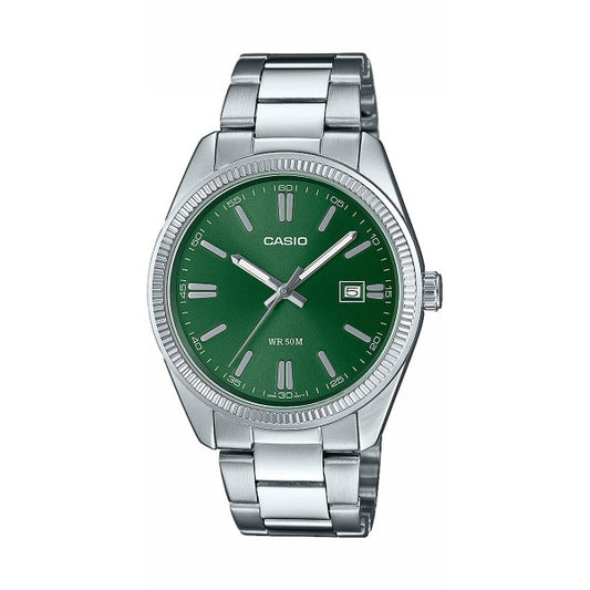 CASIO COLLECTION Mod. DATE - FOREST GREEN wristwatch with stainless steel bracelet and green dial, 5 ATM water resistance, shown in official packaging.