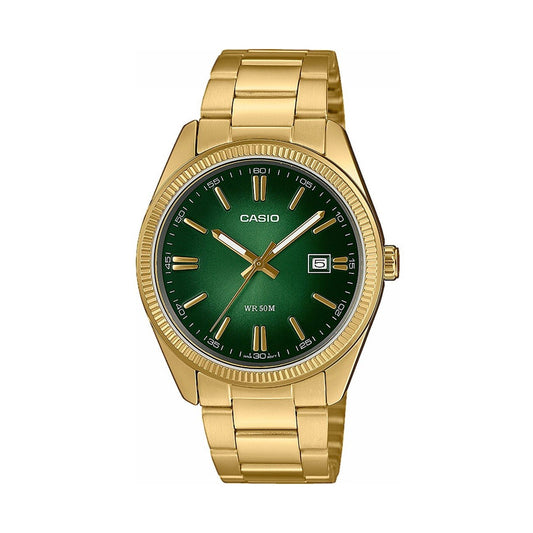 CASIO COLLECTION Mod. DATE, GOLD - GREEN wristwatch with 5 ATM water resistance and SS IP gold casing and strap, quartz movement and date function.