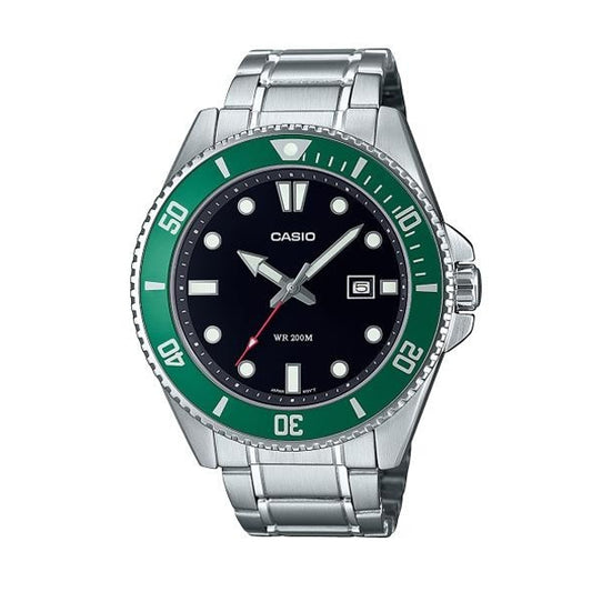 CASIO COLLECTION Mod. DIVER DATE 200M - BLACK wristwatch with stainless steel bracelet, quartz movement, and 20 ATM water resistance.