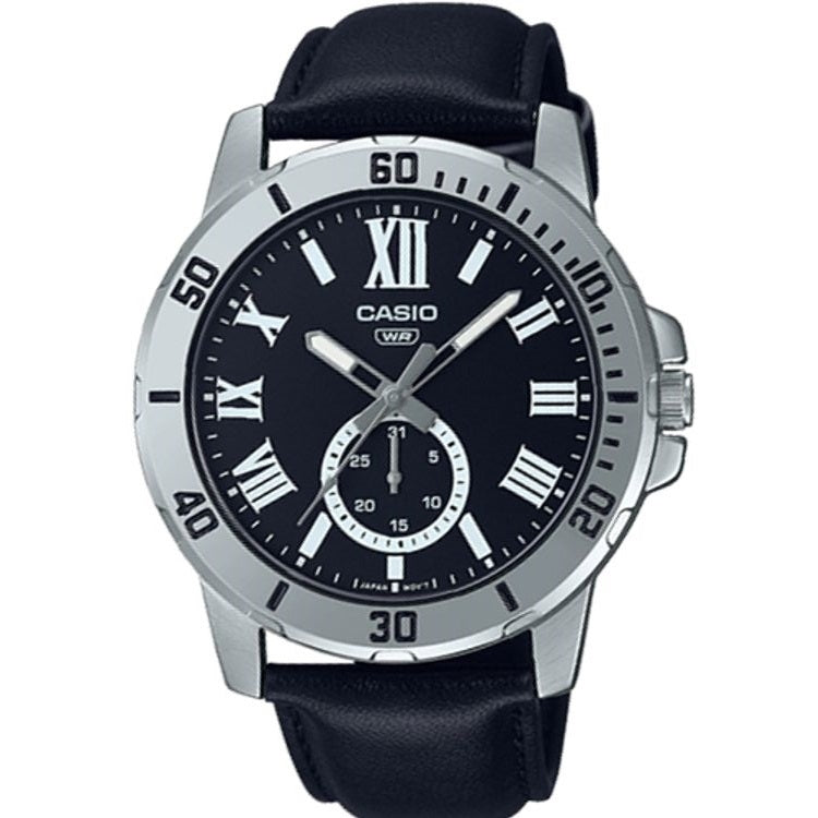 CASIO COLLECTION Mod. DIVER DATE LEATHER - BLACK wristwatch with black leather strap and stainless steel case, quartz movement, Roman numerals dial.