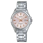 CASIO COLLECTION Mod. LADY DATE - ANTIQUE PINK wristwatch with metal strap and 31mm case, featuring water resistance and quartz movement.