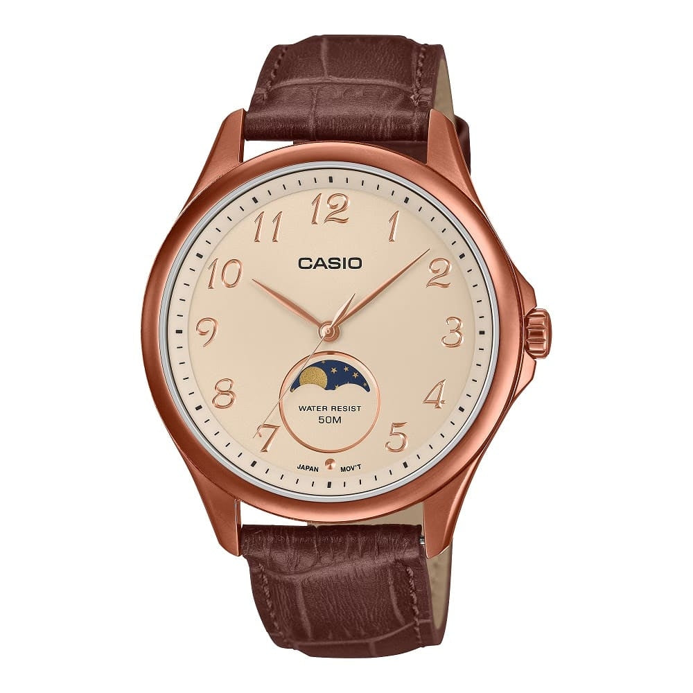 CASIO COLLECTION Mod. MOONPHASES - LEATHER, BRONZE wristwatch with leather strap and moonphase display, water resistant 5 ATM.