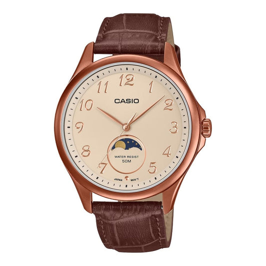 CASIO COLLECTION Mod. MOONPHASES - LEATHER, BRONZE wristwatch with leather strap and moonphase display, water resistant 5 ATM.