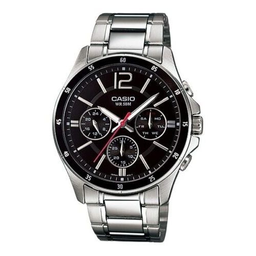 CASIO COLLECTION Mod. MULTIFUNCTION CALENDAR - BLACK wristwatch with stainless steel strap and multifunctional dial in official packaging.