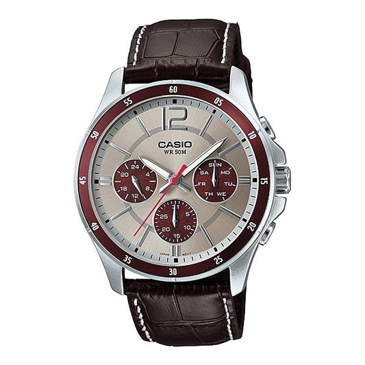 CASIO COLLECTION Mod. MULTIFUNCTION CALENDAR. LEATHER - TWO TONES wristwatch with stainless steel case and brown leather strap