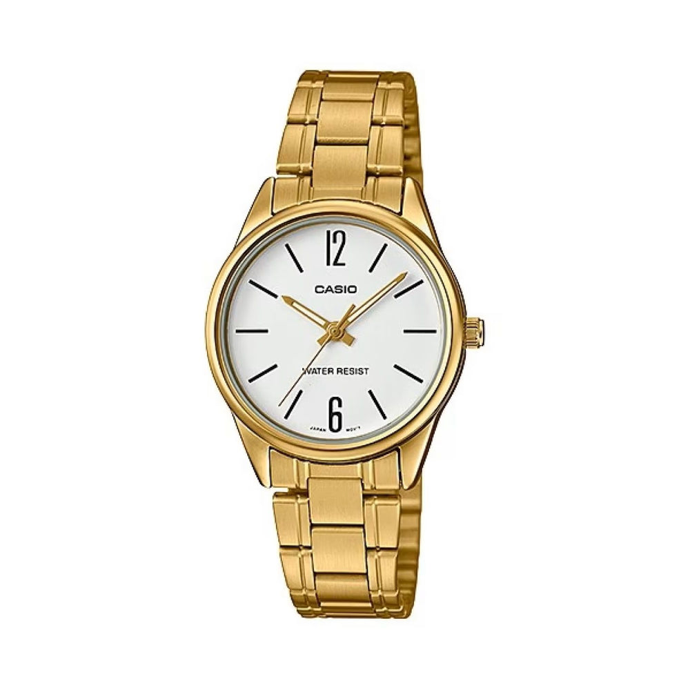 CASIO COLLECTION Mod. ONLY TIME LADY GOLD SERIE - WHITE wristwatch with gold metal strap and white dial, quartz movement, splash-proof.