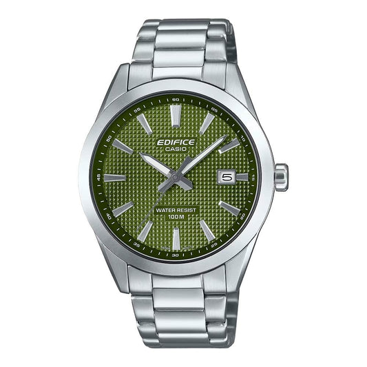 CASIO EDIFICE Mod. CLASSIC DATE - GREEN, stainless steel wristwatch, green dial, quartz movement, water resistant, official box packaging.
