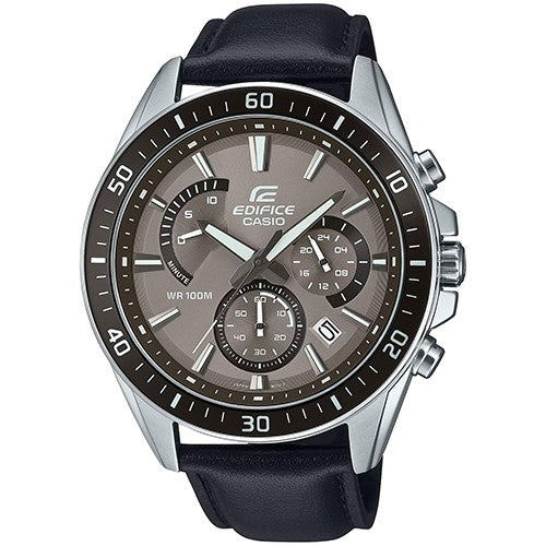 CASIO EDIFICE Mod. RETROGRADE CHRONOGRAPH XL LEATHER - TAN BLACK wristwatch with leather strap and stainless steel case, water resistant.