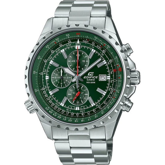 CASIO EDIFICE Mod. SLIDE RULE XL CHRONO - GREEN wristwatch with stainless steel strap, water-resistant, featuring a green chronograph dial.