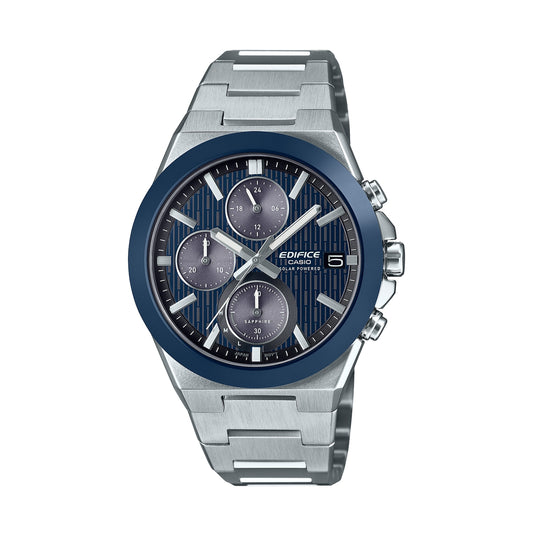 CASIO EDIFICE Mod. SOLAR POWERED CHRONOGRAPH - BLUE, stainless steel watch with blue dial, 10 ATM water resistant, solar powered with chronograph.