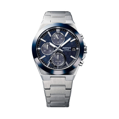 CASIO EDIFICE Mod. SOLAR POWERED CHRONOGRAPH - BLUE with stainless steel strap and 41mm case, featuring chronograph and date functions.