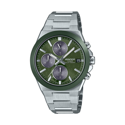 CASIO EDIFICE Mod. SOLAR POWERED CHRONOGRAPH - GREEN with stainless steel case and bracelet, water resistant 10 ATM, featuring chronograph and date.
