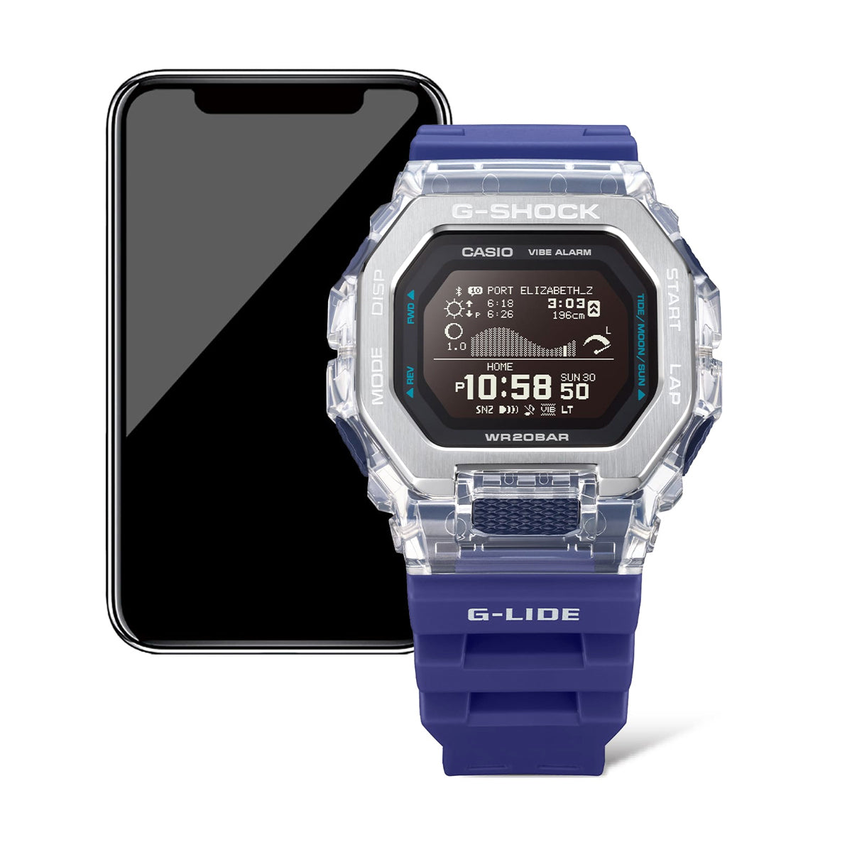 CASIO G-SHOCK Mod. G-LIDE wristwatch with blue resin strap and digital display, shown alongside a smartphone.