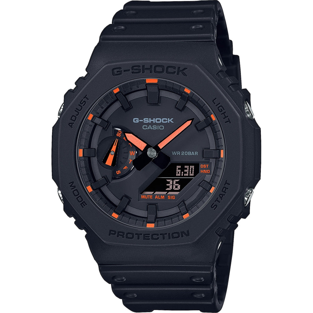 CASIO G-SHOCK Mod. OAK - Neon Orange Indexes wristwatch with carbon and resin case, quartz movement, and multifunction features.