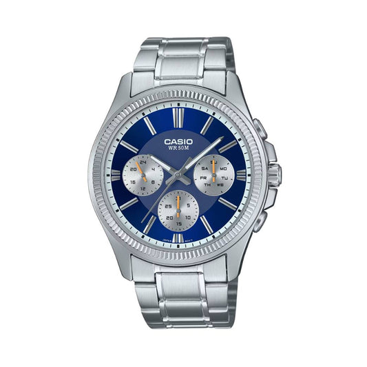 CASIO Mod. DAY DATE MULTIFUNCTION - BLUE wristwatch with stainless steel case and strap, 5 ATM water resistance, and quartz movement
