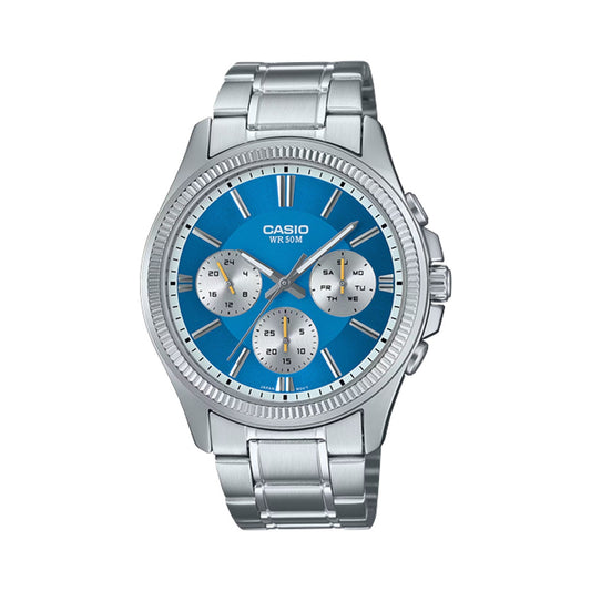 CASIO Mod. DAY DATE MULTIFUNCTION - LIGHT BLUE wristwatch with stainless steel case and bracelet, quartz movement, and multifunction dial.