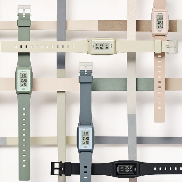 CASIO Mod. POP ***SPECIAL PRICE*** collection of water-resistant resin wristwatches with quartz movement displayed artistically.