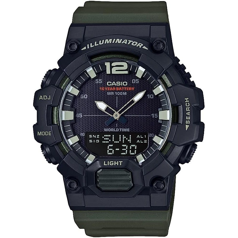CASIO SPORT Mod. ILLUMINATOR - BLACK. ARMY GREEN wristwatch with resin strap, quartz movement, and multifunction features, front view.