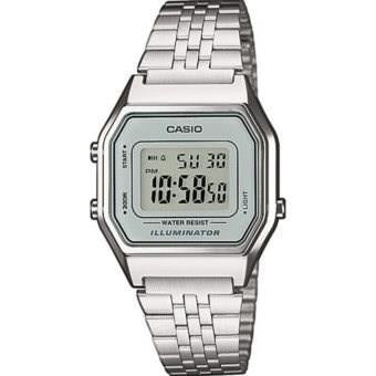 CASIO VINTAGE Mod. ICONIC LADY LIGHT GREY digital wristwatch with stainless steel bracelet, resin case, and quartz movement.