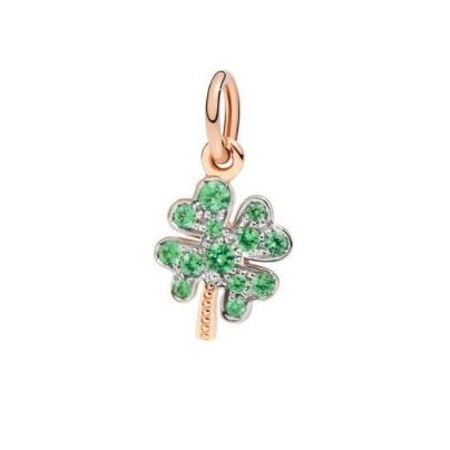 Gold unisex ciondolo charm, CHARMS DODO MOD. DMB8008FOURS0TZ9R, featuring a green gemstone clover design.