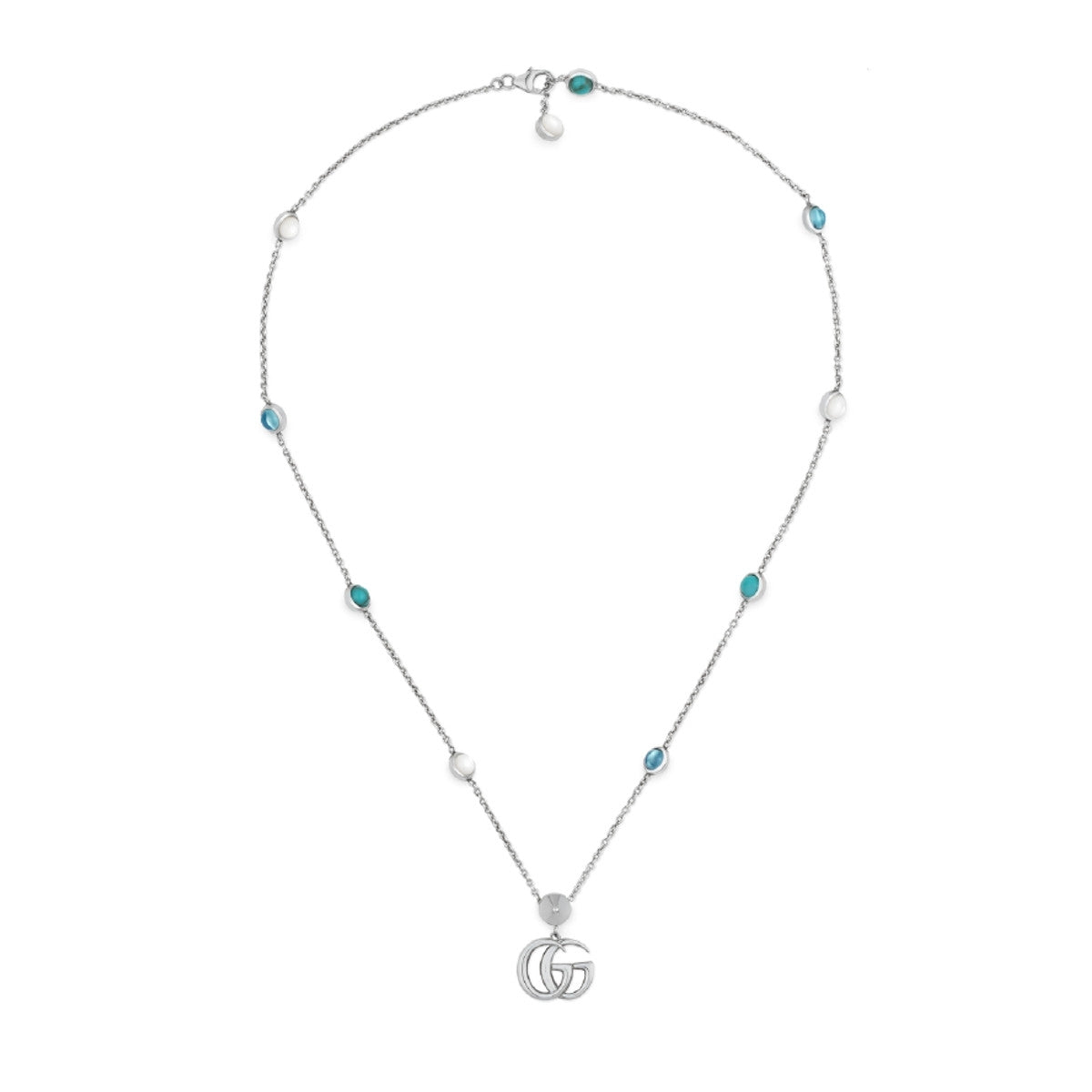 COLLANE GUCCI MOD. YBB527399001 stylish silver necklace with turquoise and pearl accents