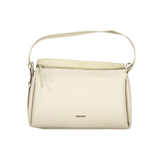 Calvin Klein Beige Polyester Handbag with adjustable shoulder handle and internal document pocket, featuring contrasting details and logo.