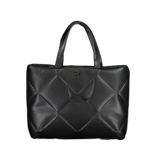 Calvin Klein Black Cotton Handbag with quilted design, shoulder straps, internal document pockets, and drawstring closure