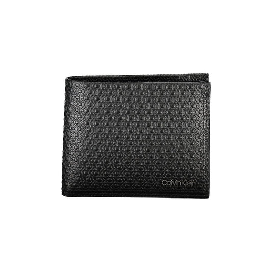 Calvin Klein Black Leather Wallet with card spaces, two compartments, RFID block, and logo in textured leather design.