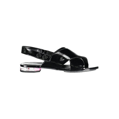 Calvin Klein Black Leather Women Sandal with elegant crossed front and subtle 1cm heel, perfect blend of comfort and high fashion.