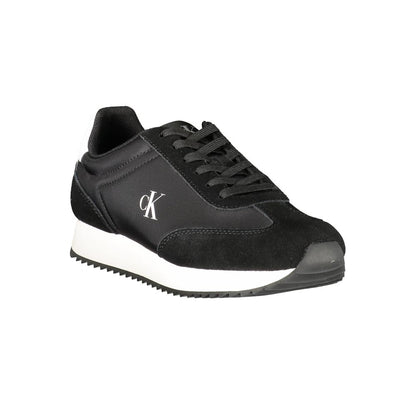 Calvin Klein Black Leather Women Sneaker with contrasting details and logo accent, offering sporty elegance and modern flair.