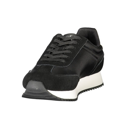 Calvin Klein Black Leather Women Sneaker with sporty elegance and modern flair, featuring contrasting details and iconic logo for high-fashion style.