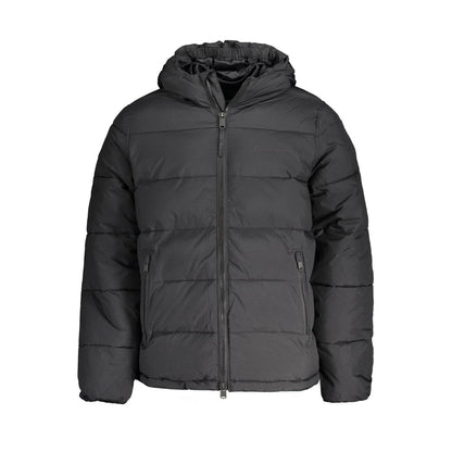 Calvin Klein Black Nylon Men Jacket with hood and pockets, stylish water-repellent outerwear for men.