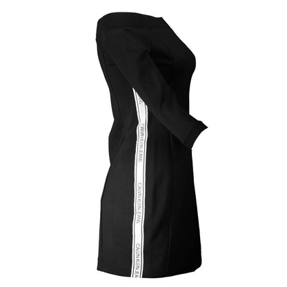 Calvin Klein Black Polyester Dress with bare shoulder neckline, 3/4 sleeves, contrasting details and logo on side view
