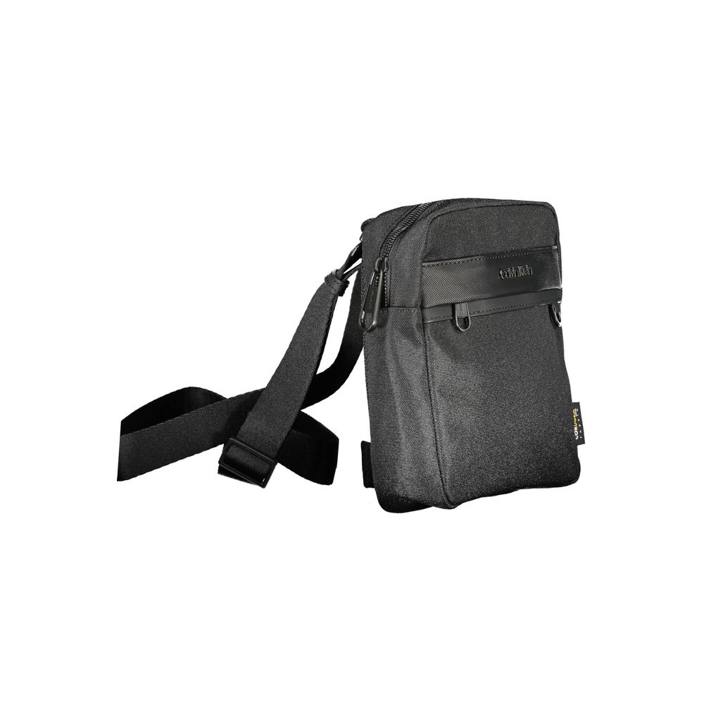 Calvin Klein Black Polyester Men Shoulder Bag with adjustable strap and external pocket, made from recycled materials, featuring logo.