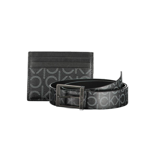 Calvin Klein Black Polyethylene Mens Wallet with logo card holder and belt, 95cm length, stylish modern accessories set