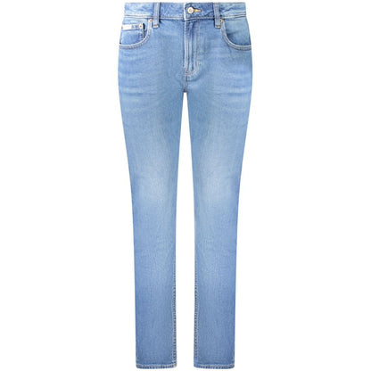 Calvin Klein Blue Cotton Women's Slim Jean in a versatile washed blue hue, showcasing timeless chic and comfort with mid rise cut.