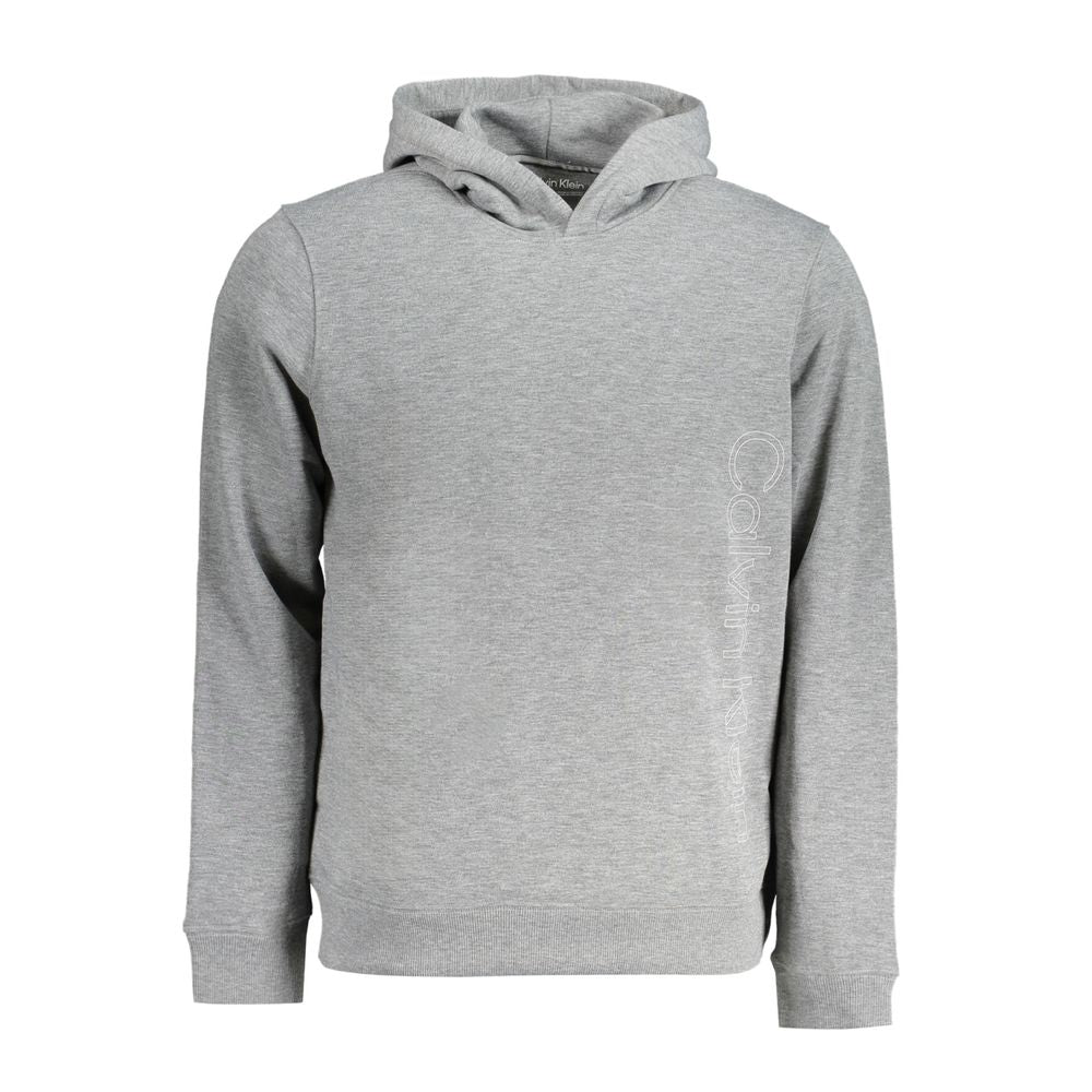 Calvin Klein Gray Polyester Men Sweater featuring bold logo print and eco-friendly recycled material for casual or sporty wear.