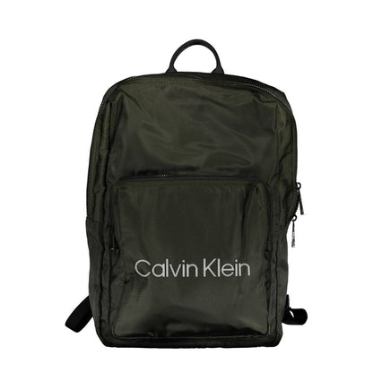 Calvin Klein Green Polyester Men Backpack with logo, featuring external pocket and laptop space for urban voyagers.