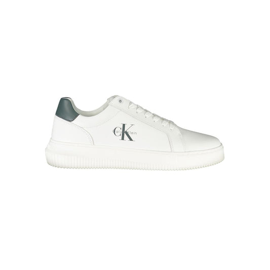 Calvin Klein White Leather Men Sneaker with green accents and logo, perfect blend of polyester and leather for comfort.