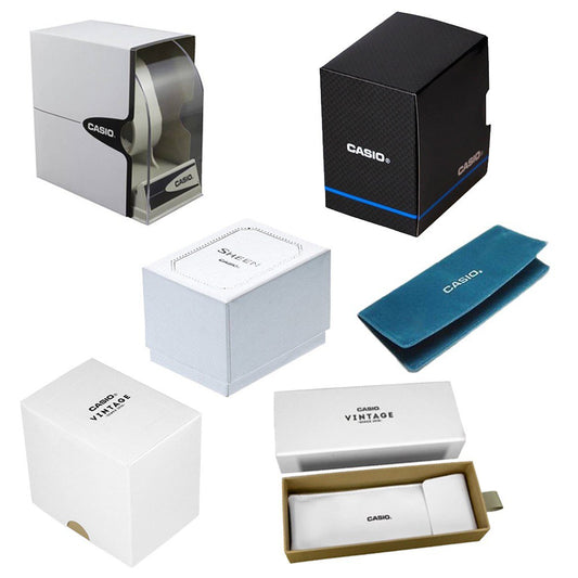 Collection of official packaging boxes for CASIO products, including the CASIO COLLECTION Mod. LADY DATE - BLACK wristwatch.