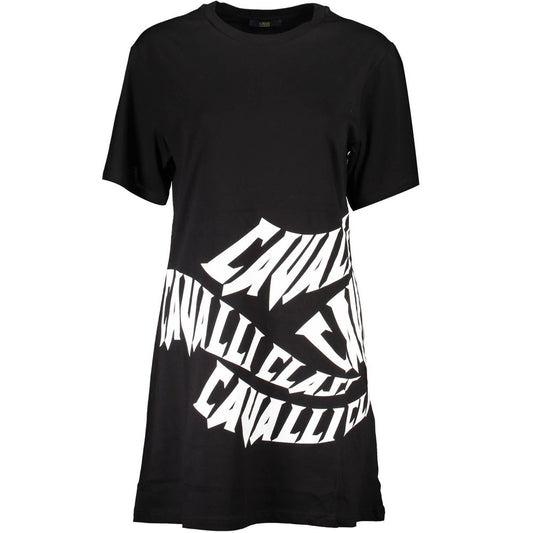 Cavalli Class Black Cotton Dress with round neck, short sleeves, and printed logo design.