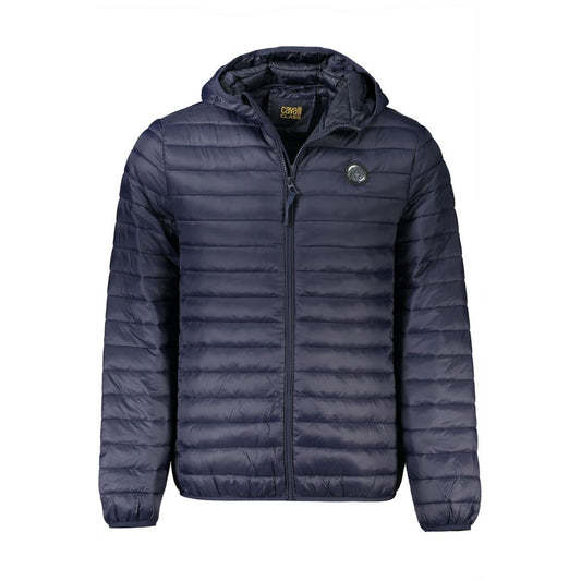 Cavalli Class Blue Polyamide Men Jacket with hood and button pockets, perfect for stylish warmth and functionality.