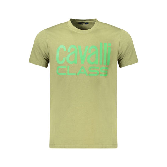 Cavalli Class Green Cotton Men T-Shirt with bold logo print, premium quality, short-sleeve, Italian style.